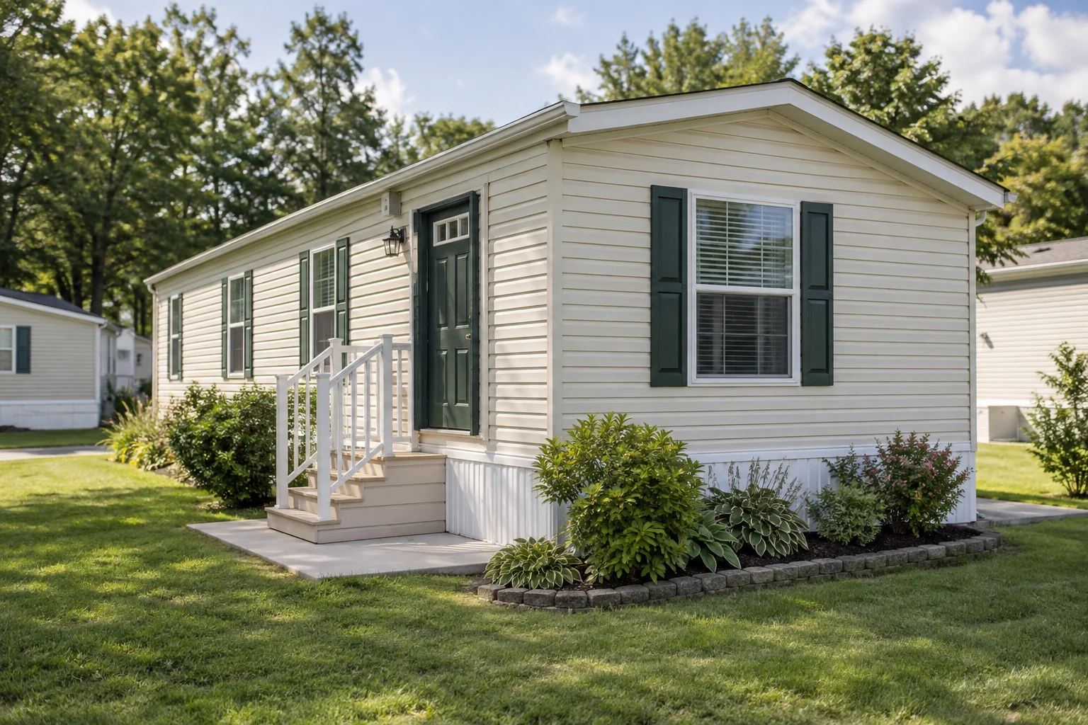 Illustrative photo of a mobile home with a front garden